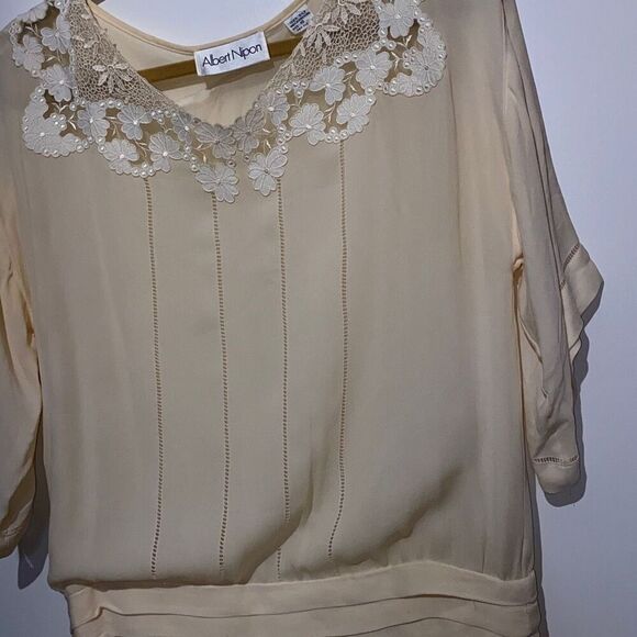 Albert Nipon Women's Cream Peated Detail Laced Floral Neck Midi Dress Size 10 - Picture 11 of 16